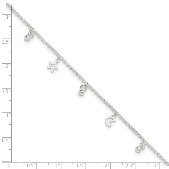 925 Sterling Silver Bead Star Charm and Moon 9" Plus 1" Ext. Fine Jewelry Anklet - Picture 7 of 8